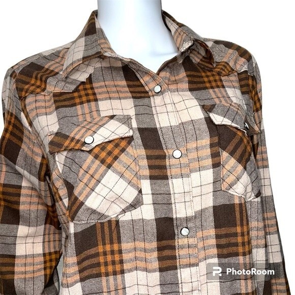 Pashartuk Western Orange Brown Plaid Pearl Snap Button Long Sleeve Shirt Size L - Picture 4 of 10
